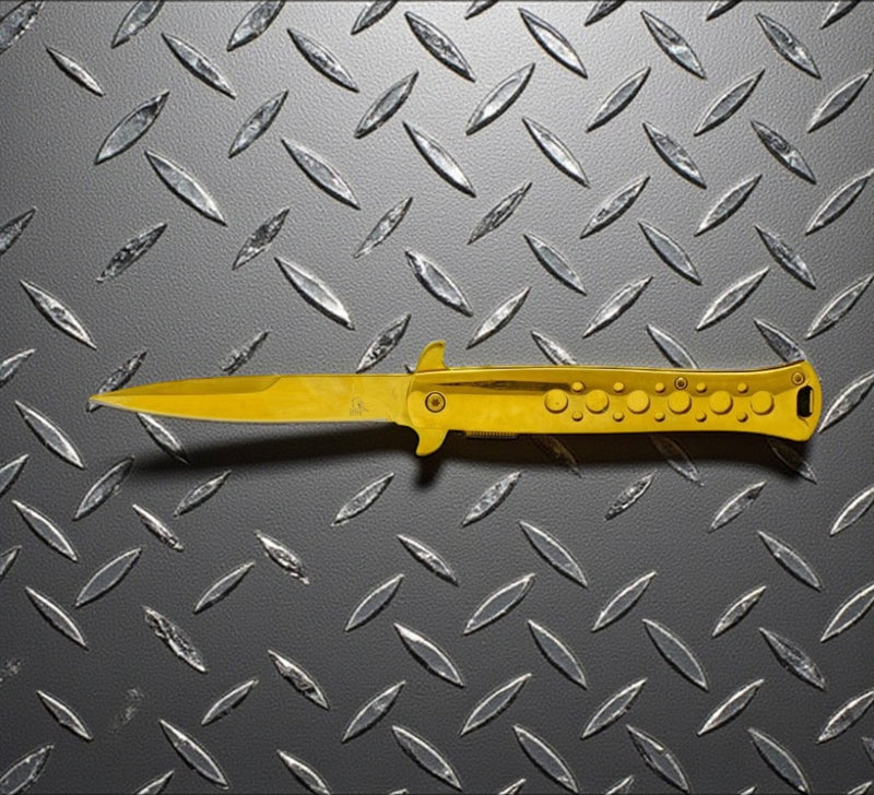Falcon 9" Overall Metal Spring Assisted Knife With Gold Coating