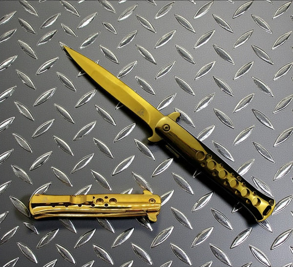 Falcon 9" Overall Metal Spring Assisted Knife With Gold Coating