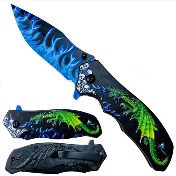 8.25" Overall in Length Spring Assisted Knife Green Dragon Blue Flames