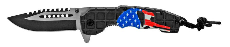 8" Overall Spring Assisted Knife Punisher Skull American Flag Patriot