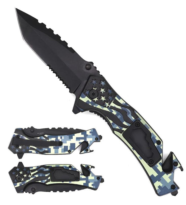 8" Camo American Flag Spring Assisted Pocket Knife