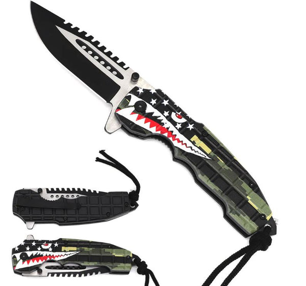 8" Overall Spring Assisted Knife Black Camo Shark Handle