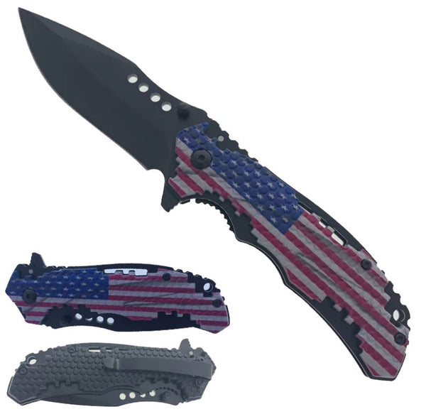 8.25" Spring Assisted Pocket Knife US Flag ABS handle