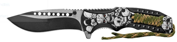 4.88" Tactical Paracord Black Skulls Handle Folding Pocket Knife