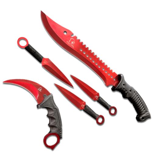 Falcon 5 Pieces Red Hunting Set (Machete, Karambit, Throwing Knives.)