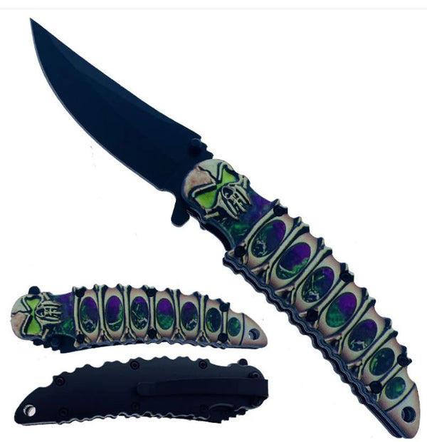 8.25" Skull Handle Spring Assisted Knife with Belt Clip - Green & Purple