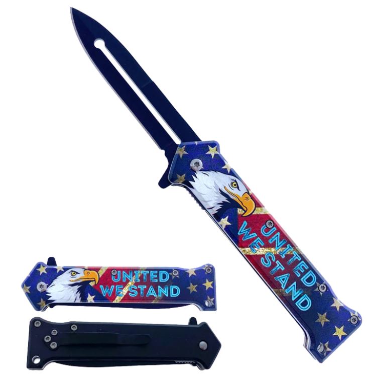 Falcon 8" Pocket Knife W/Black Blade Eagle Handle W/United We Stand Print